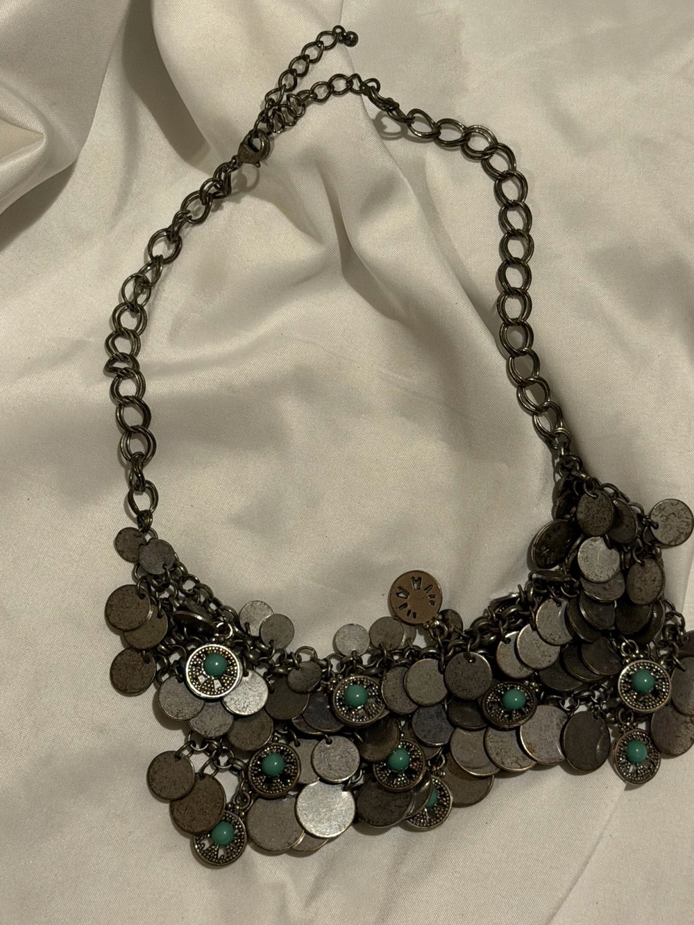 Statement Coin Bib Necklace with Turquoise Accents - Women Jewelry